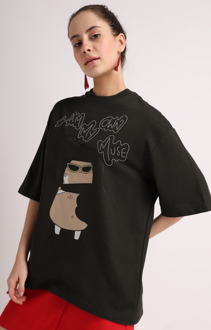 Women's Brown Printed Oversized T-Shirt