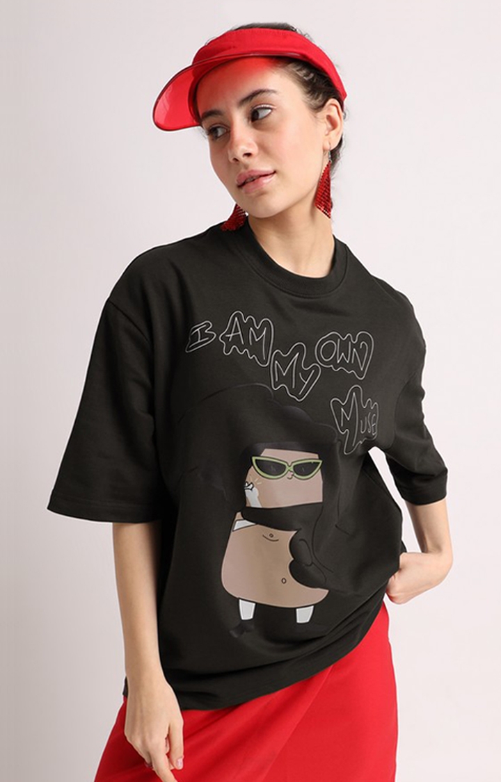 Weezy Streetwear | Women's Chocolate Brown Printed Oversized T-Shirt