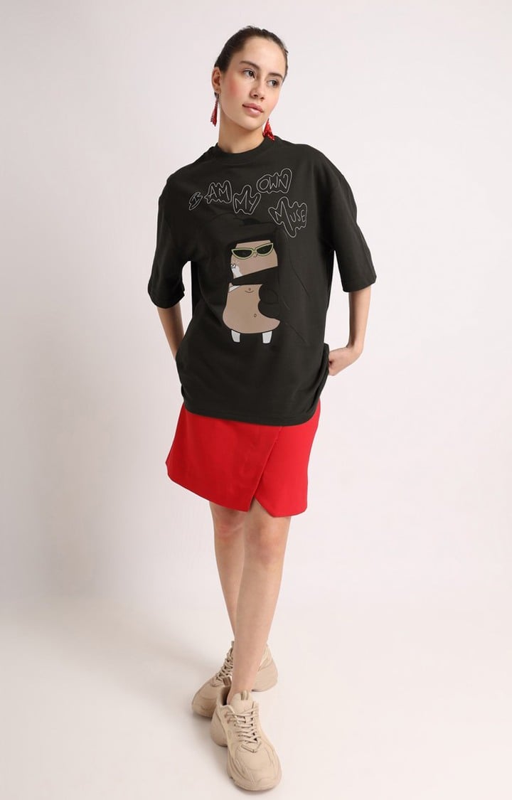 Women's Brown Printed Oversized T-Shirt