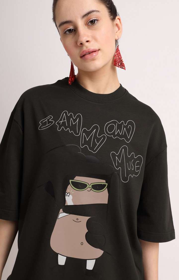 Women's Brown Printed Oversized T-Shirt