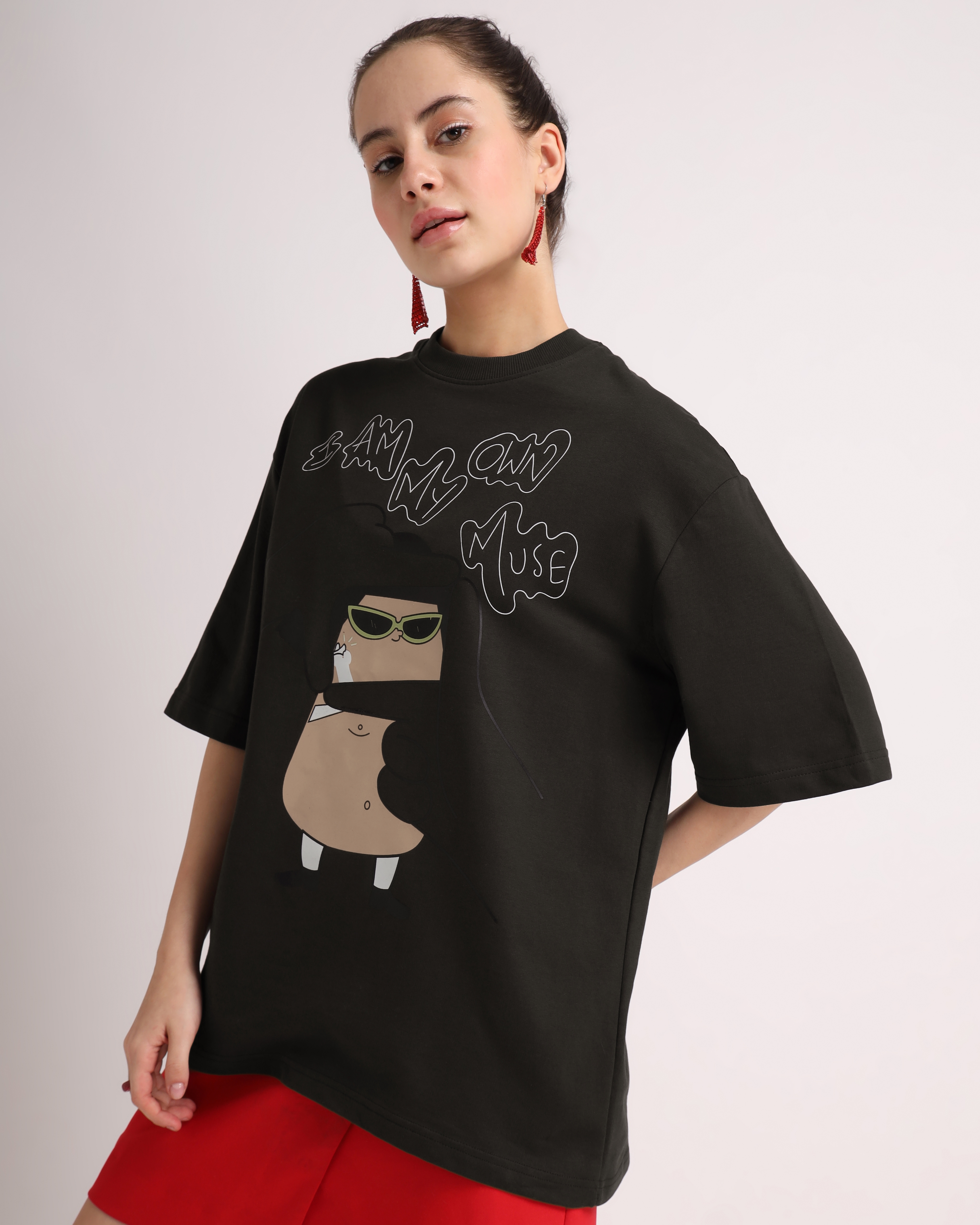 Women's Chocolate Brown Printed Oversized T-Shirt