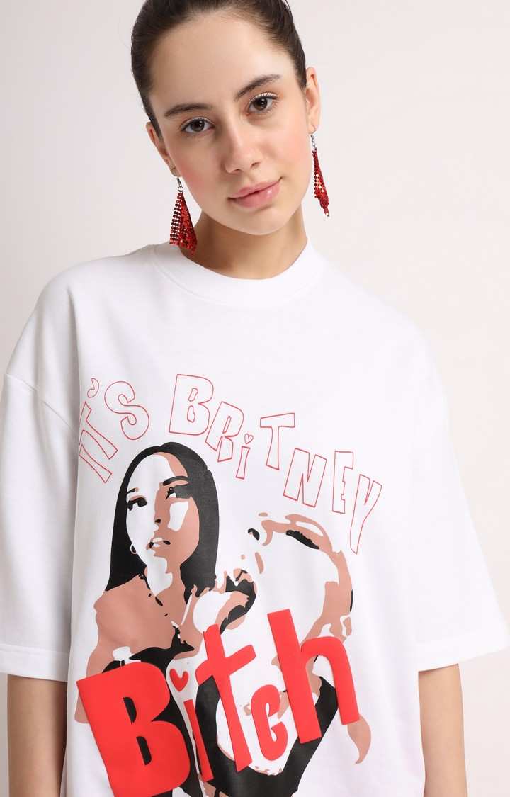 Women's White Printed Oversized T-Shirt