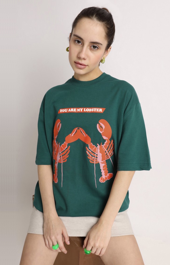 Weezy Streetwear | Women's Emerald Green Printed Oversized T-Shirt