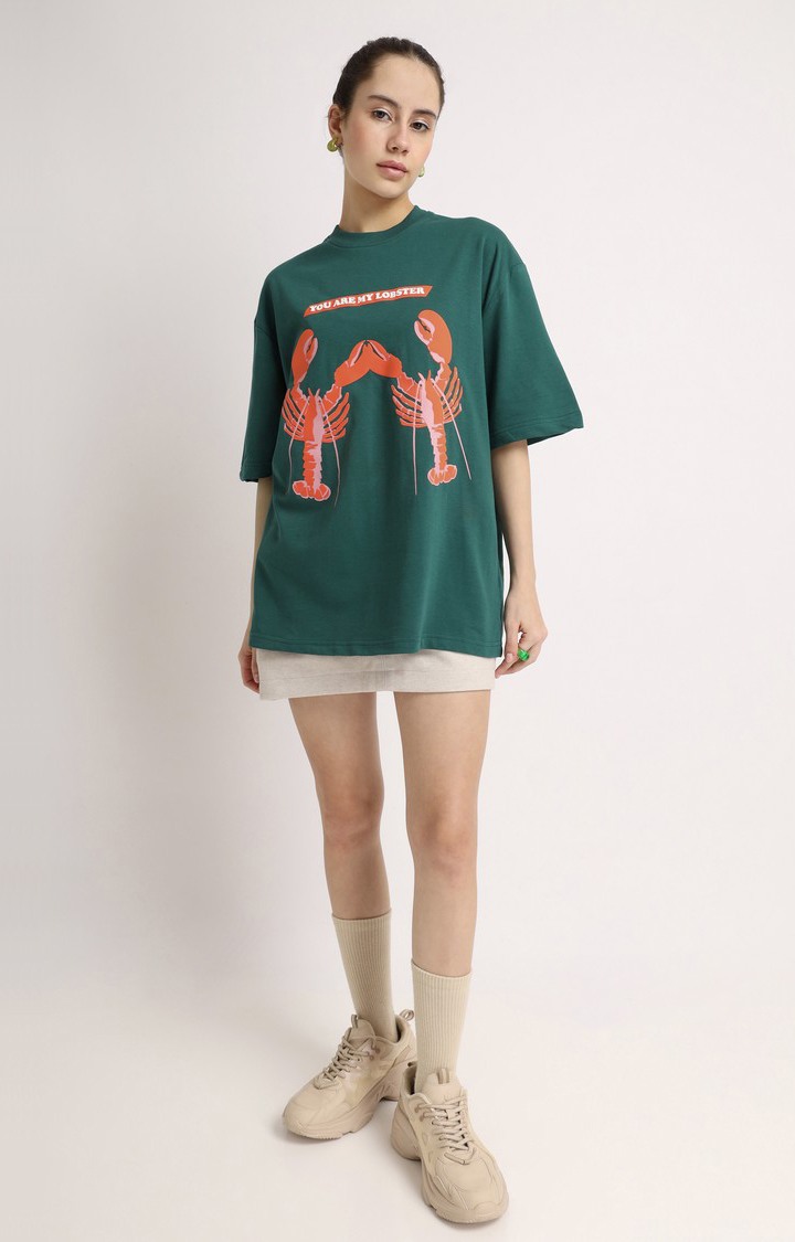 Women's Green Printed Oversized T-Shirt