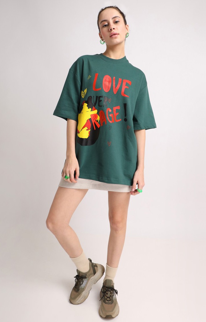 Women's Green Printed Oversized T-Shirt