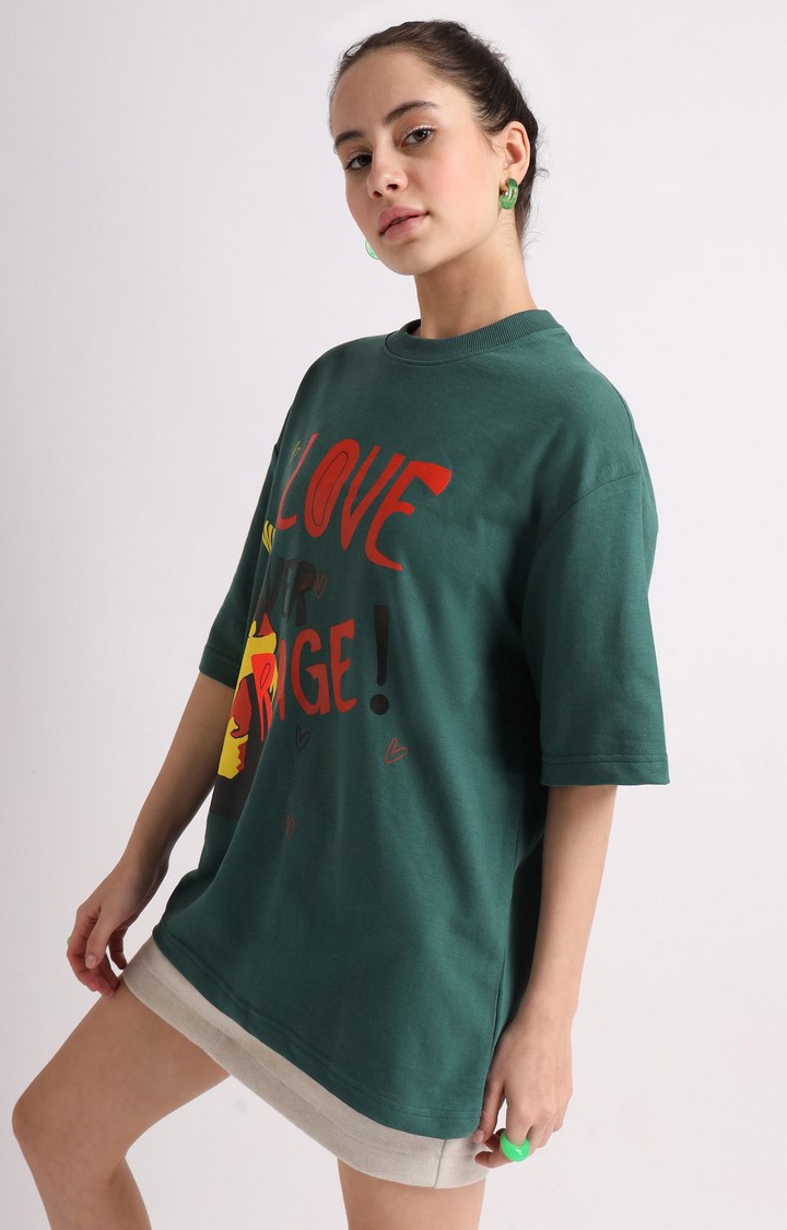 Women's Green Printed Oversized T-Shirt