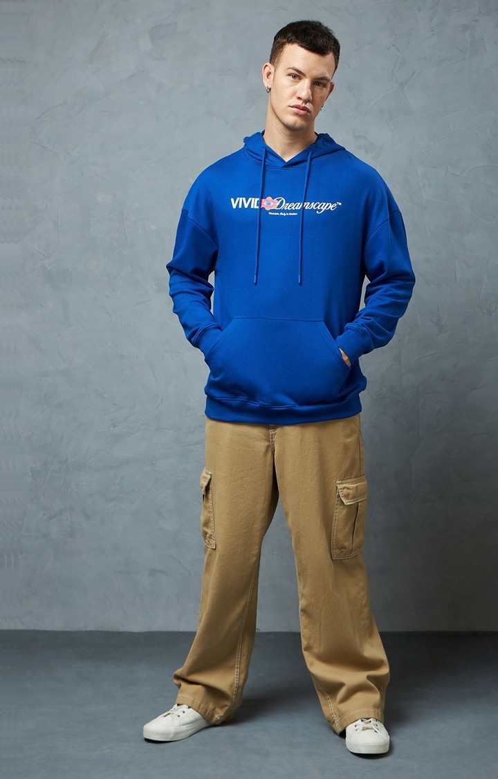 Men's Royal Blue Typographic Printed Hoodie