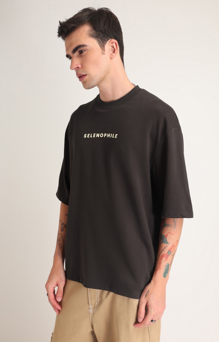 Men's Chocolate Brown Printed Oversized T-Shirt