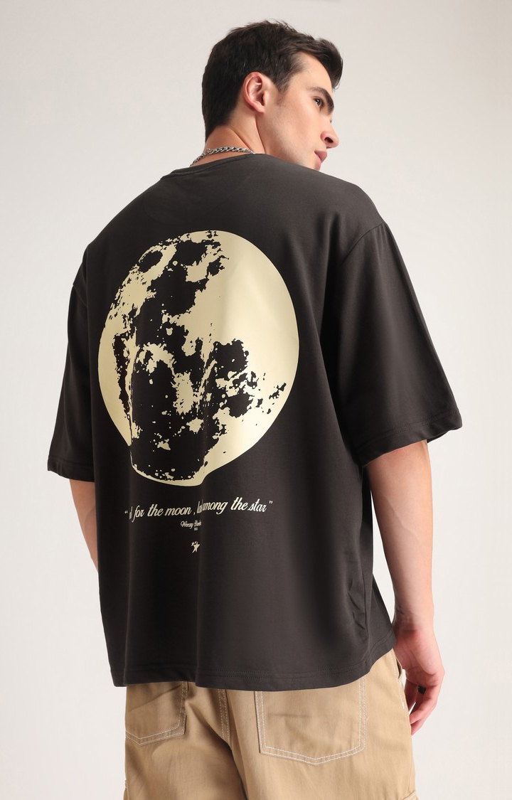 Men's Chocolate Brown Printed Oversized T-Shirt