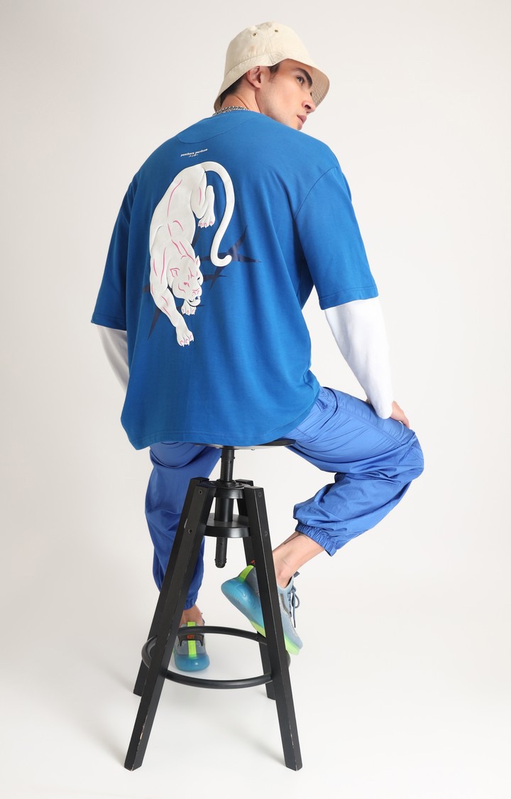 Men's Blue Printed Oversized T-Shirt