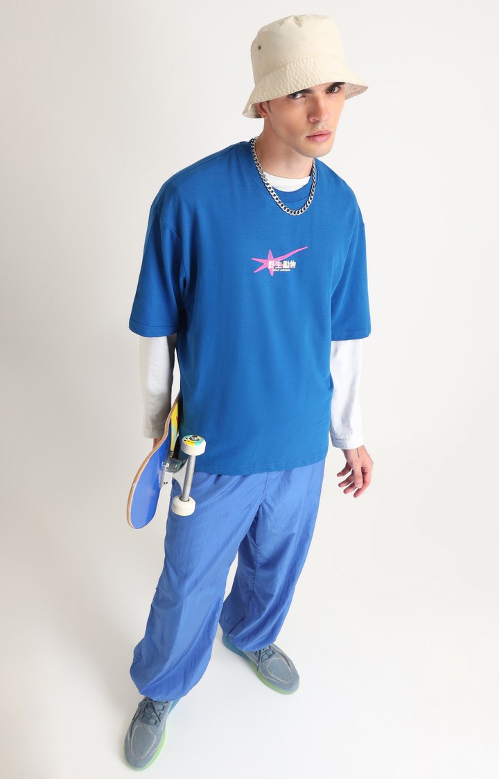 Men's Blue Printed Oversized T-Shirt