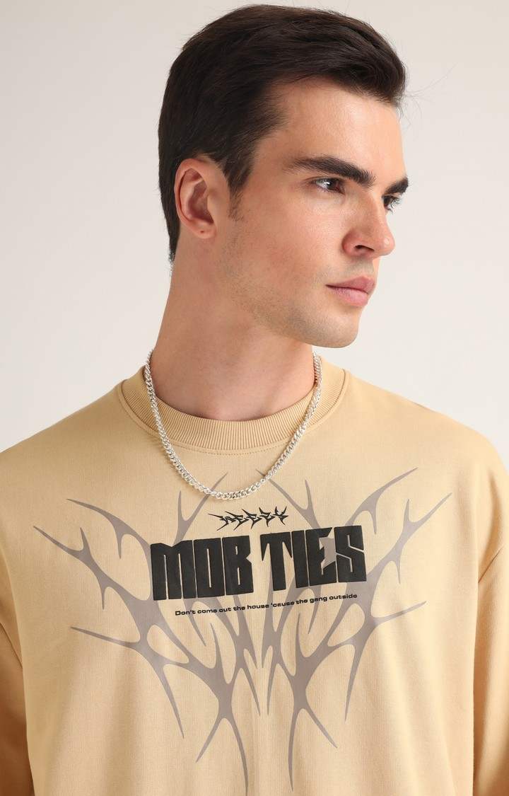 Men's Beige Printed Oversized T-Shirt