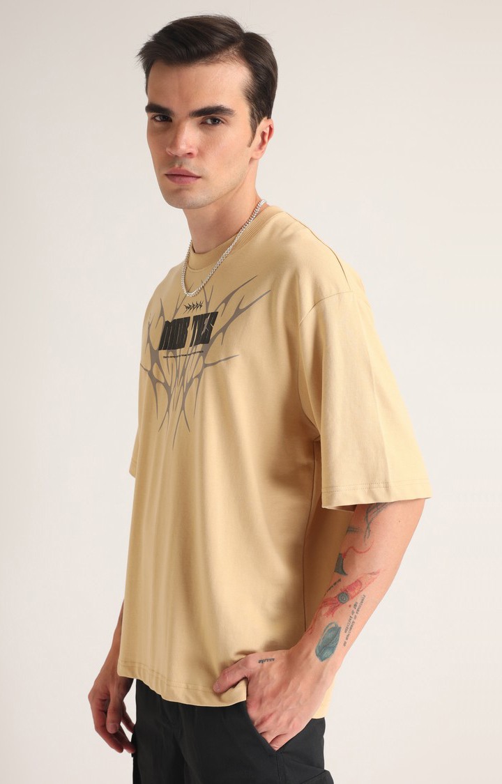 Men's Beige Printed Oversized T-Shirt