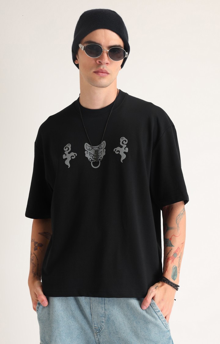 Men's Black Printed Oversized T-Shirt