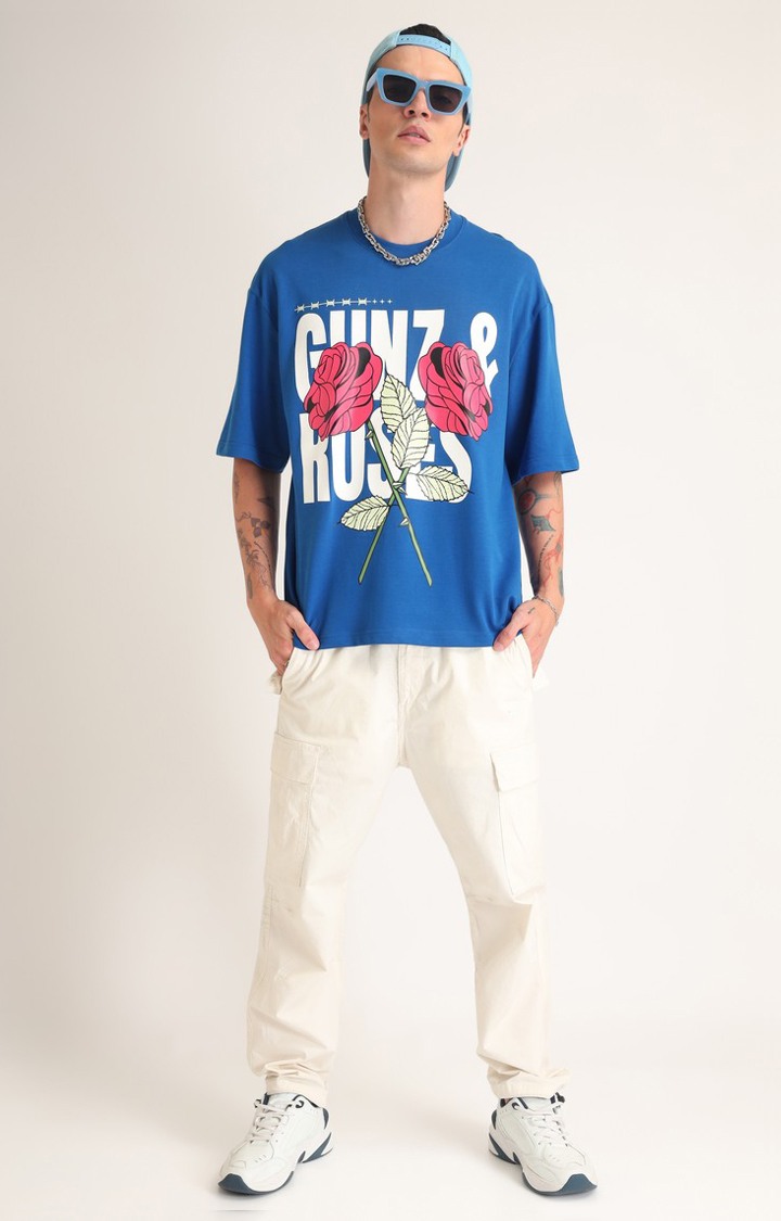 Men's Blue Printed Oversized T-Shirt
