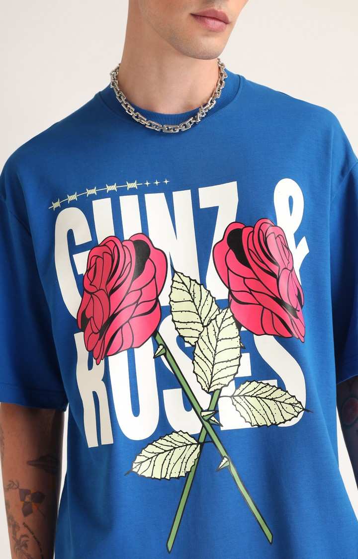 Men's Blue Printed Oversized T-Shirt