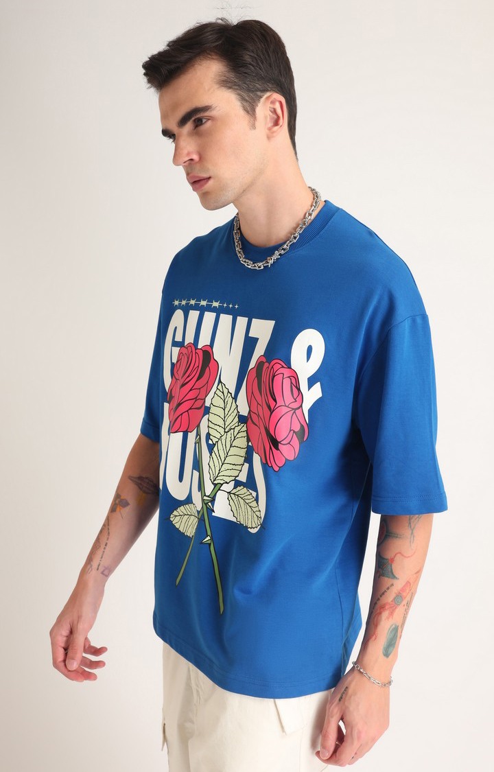 Men's Blue Printed Oversized T-Shirt