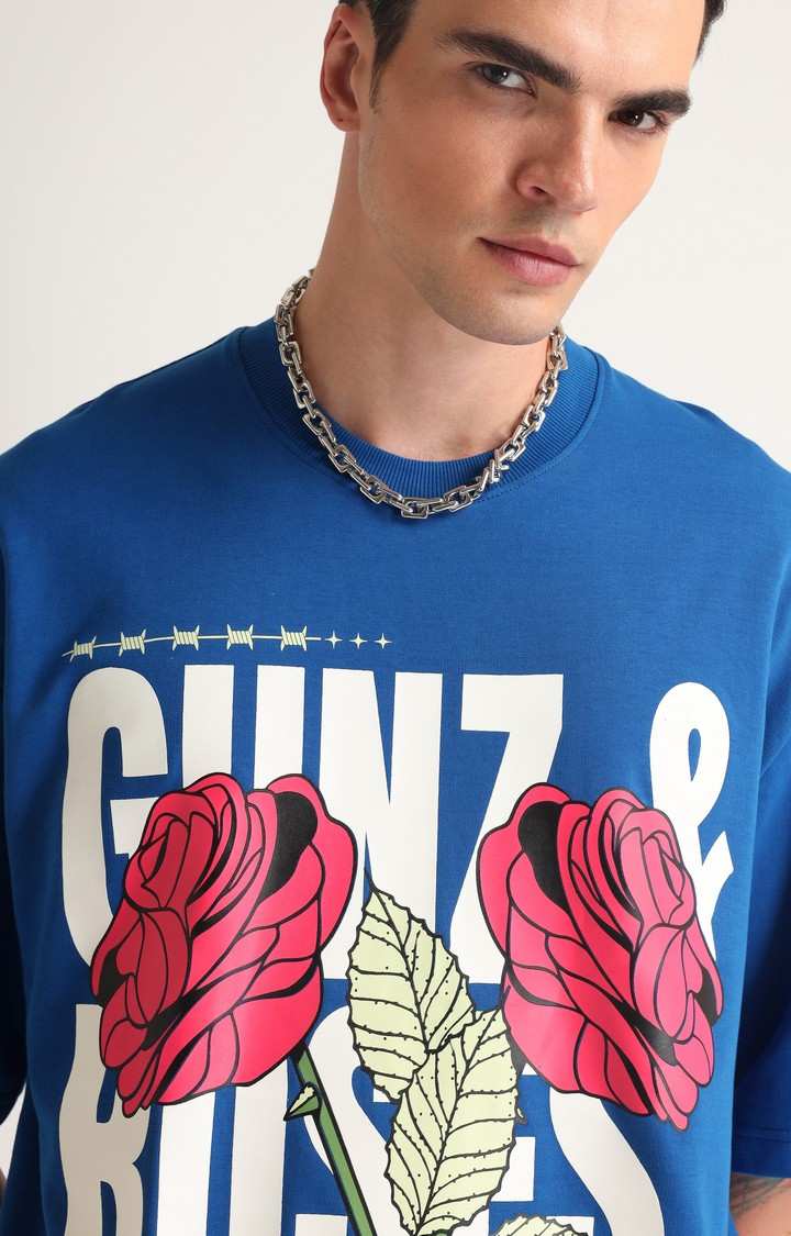 Men's Blue Printed Oversized T-Shirt