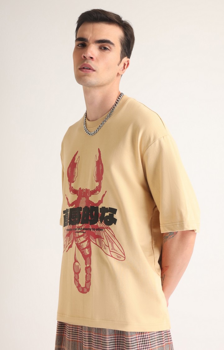 Men's Beige Printed Oversized T-Shirt