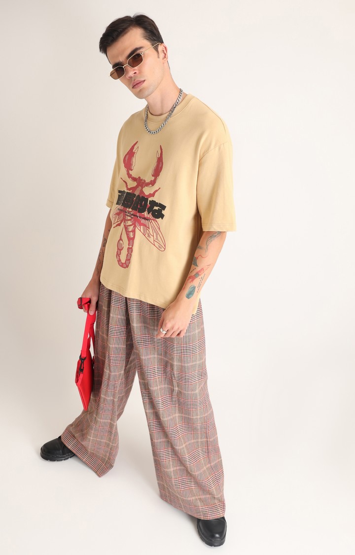 Men's Beige Printed Oversized T-Shirt
