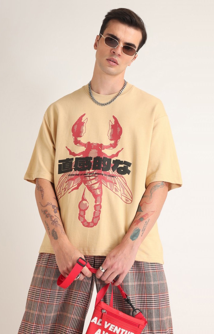 Weezy Streetwear | Men's Beige Printed Oversized T-Shirt