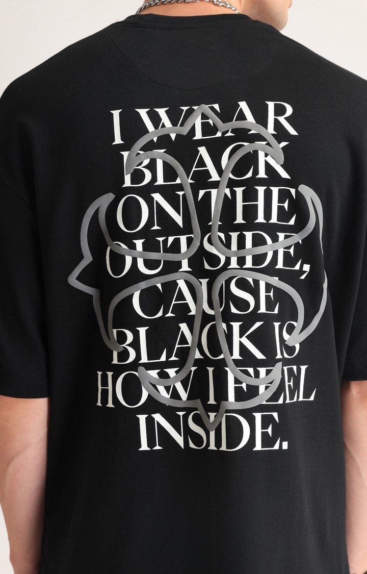 Men's Black Typographic Printed Oversized T-Shirt