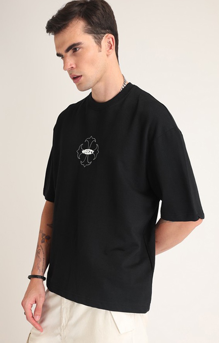 Men's Black Typographic Printed Oversized T-Shirt