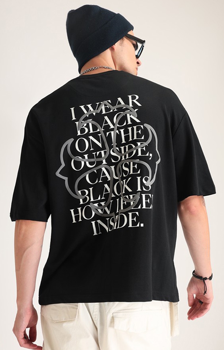 Men's Black Typographic Printed Oversized T-Shirt