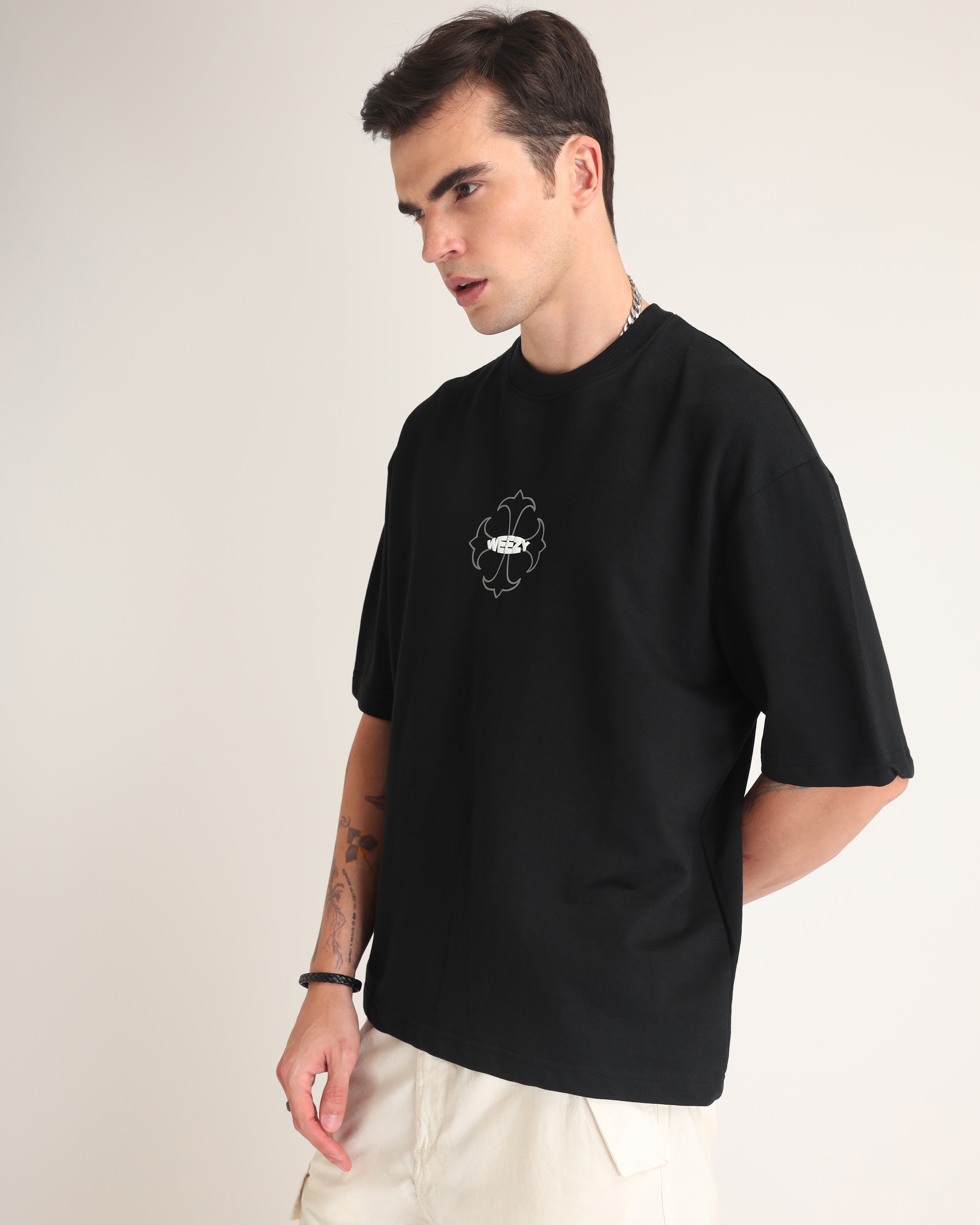 Men's Black Typographic Printed Oversized T-Shirt