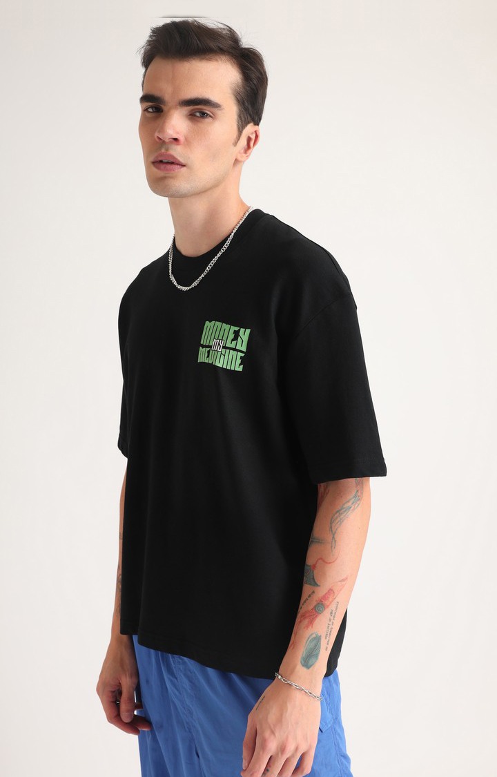 Men's Black Printed Oversized T-Shirt