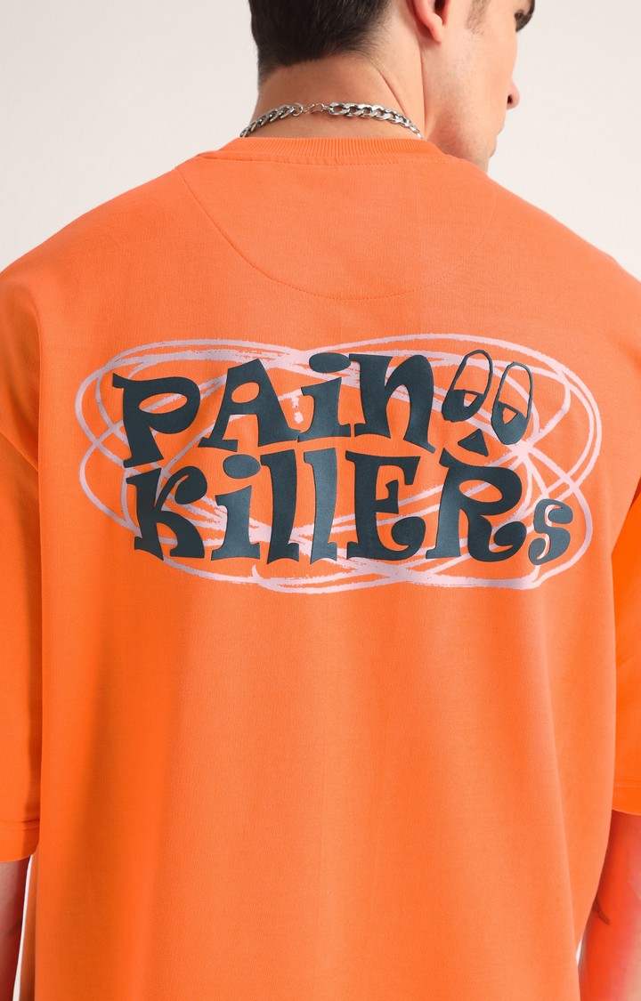 Men's Neon Orange Typographic Printed Oversized T-Shirt