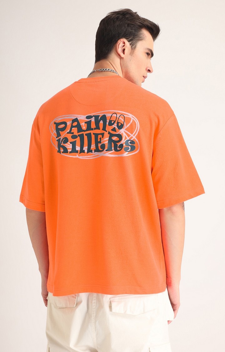 Men's Neon Orange Typographic Printed Oversized T-Shirt