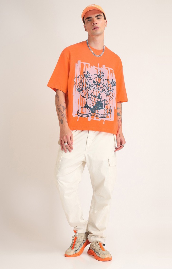 Men's Neon Orange Typographic Printed Oversized T-Shirt