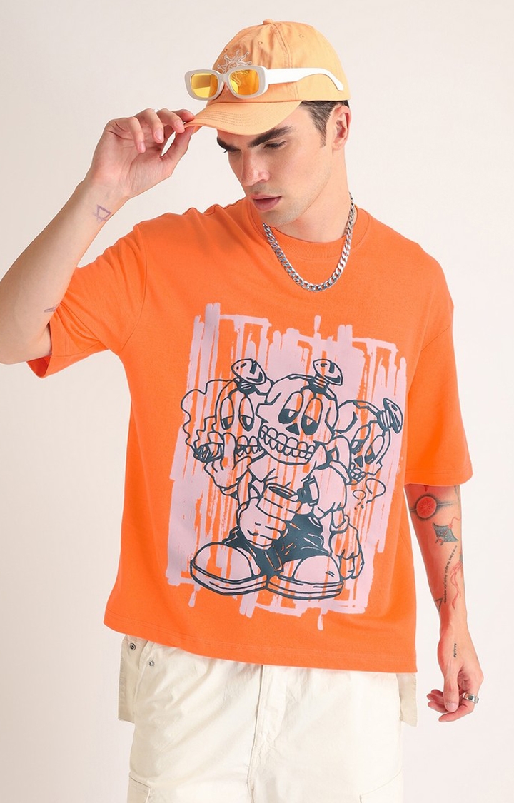 Men's Neon Orange Typographic Printed Oversized T-Shirt