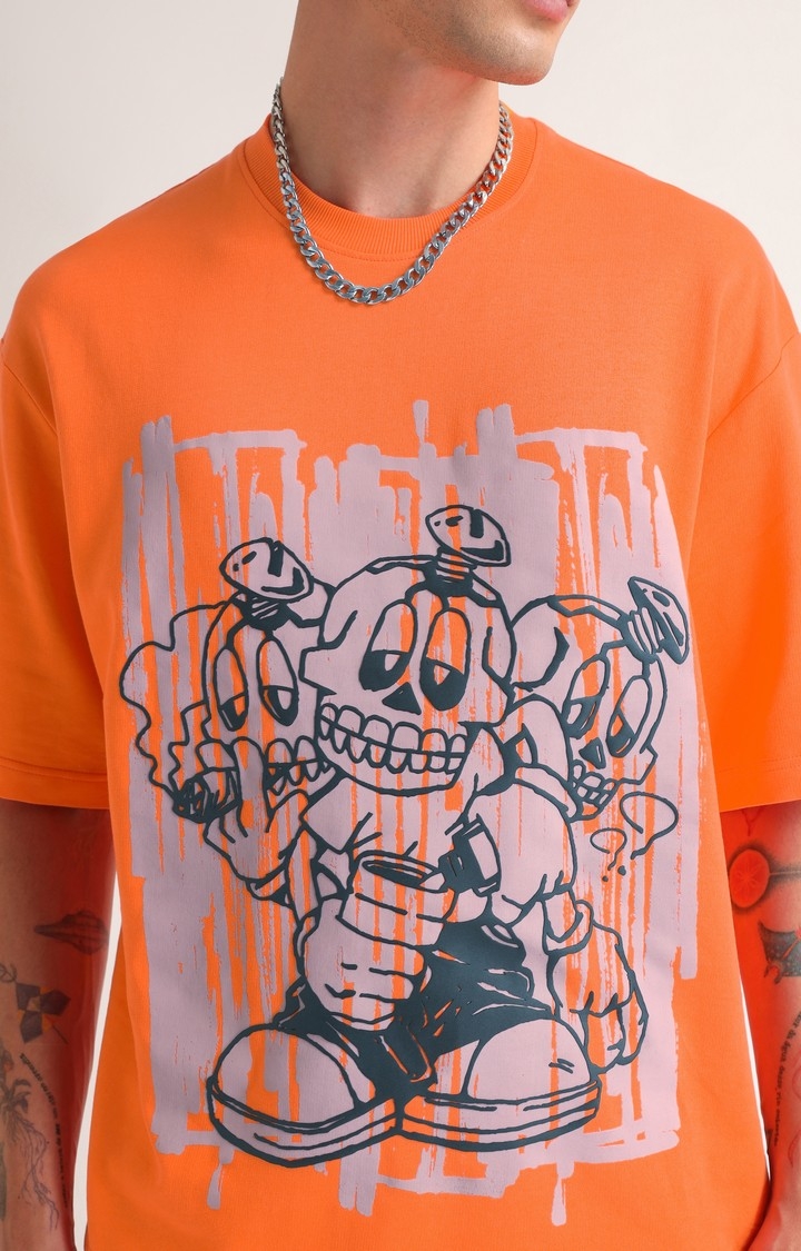 Men's Neon Orange Typographic Printed Oversized T-Shirt
