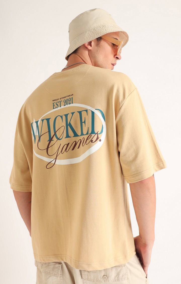 Weezy Streetwear | Men's Beige Typographic Printed Oversized T-Shirt