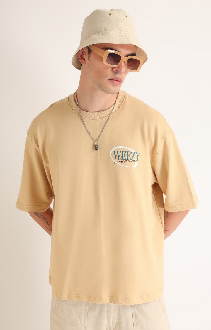 Men's Beige Typographic Printed Oversized T-Shirt