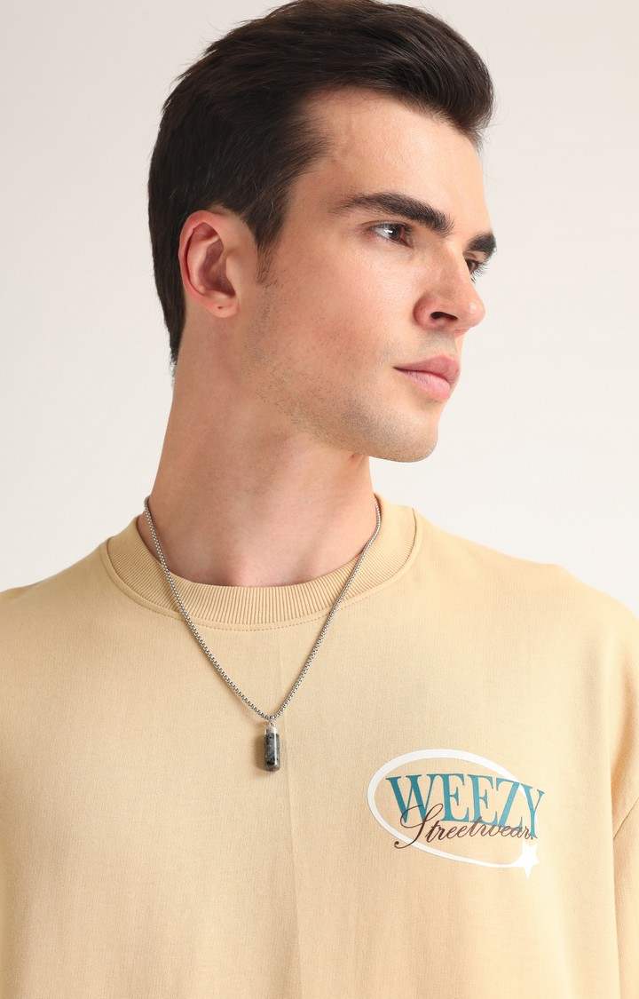 Men's Beige Printed Oversized T-Shirt