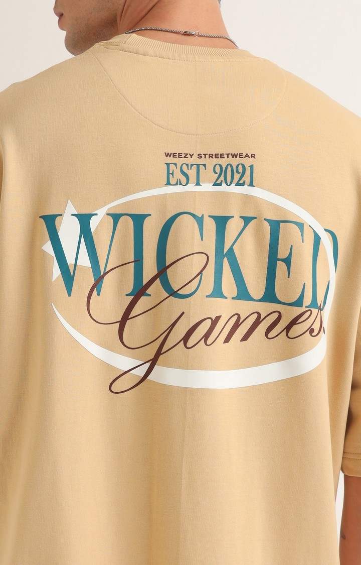 Men's Beige Printed Oversized T-Shirt