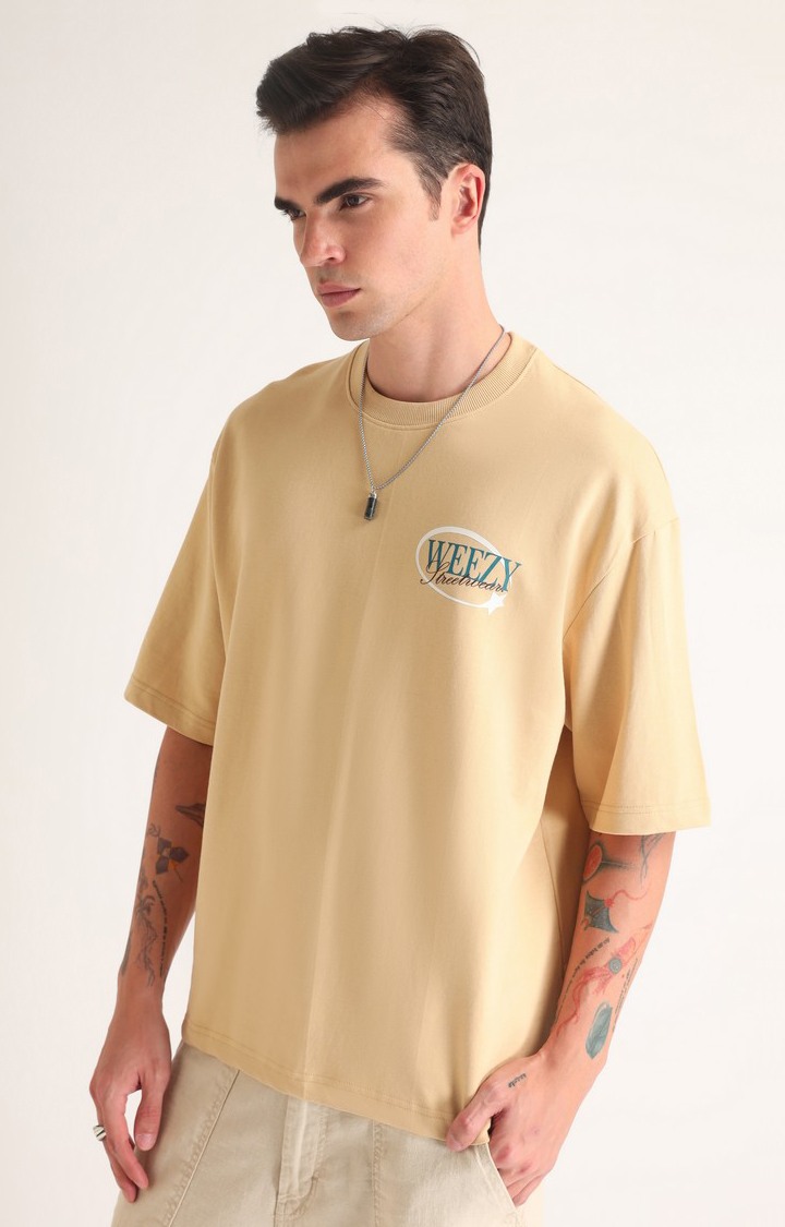 Men's Beige Typographic Printed Oversized T-Shirt