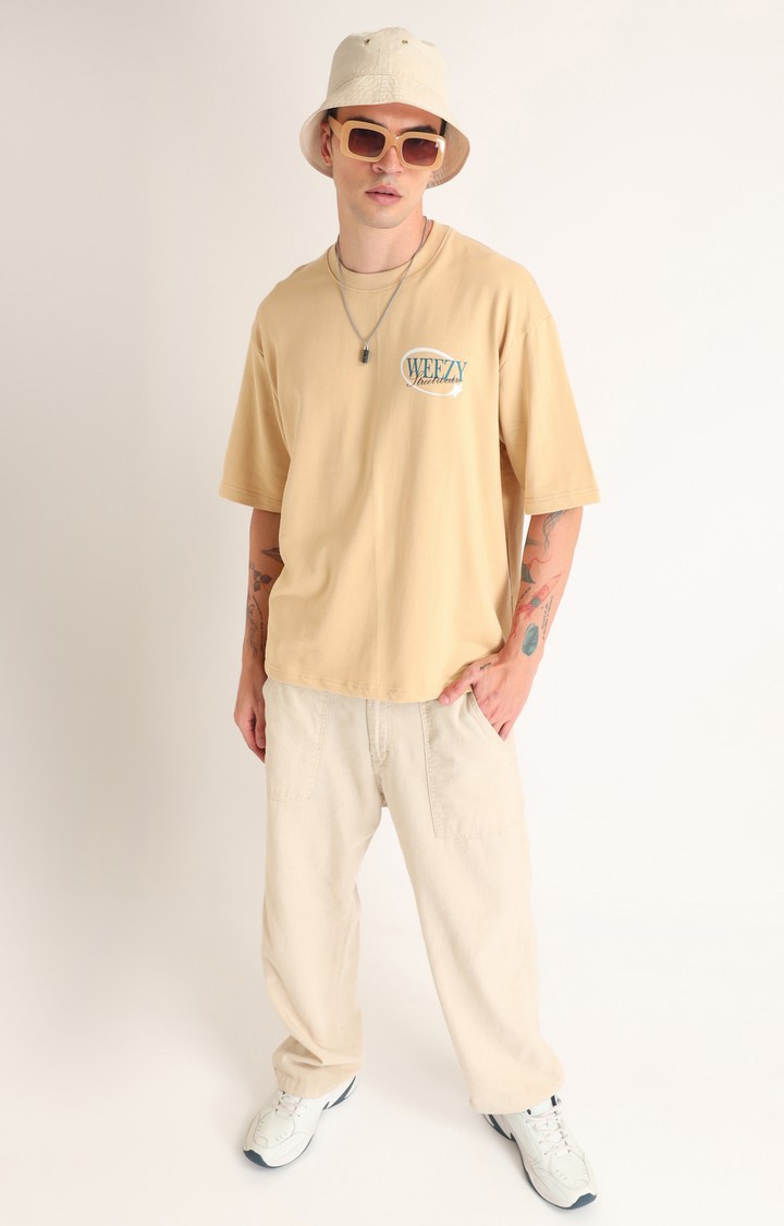 Men's Beige Typographic Printed Oversized T-Shirt