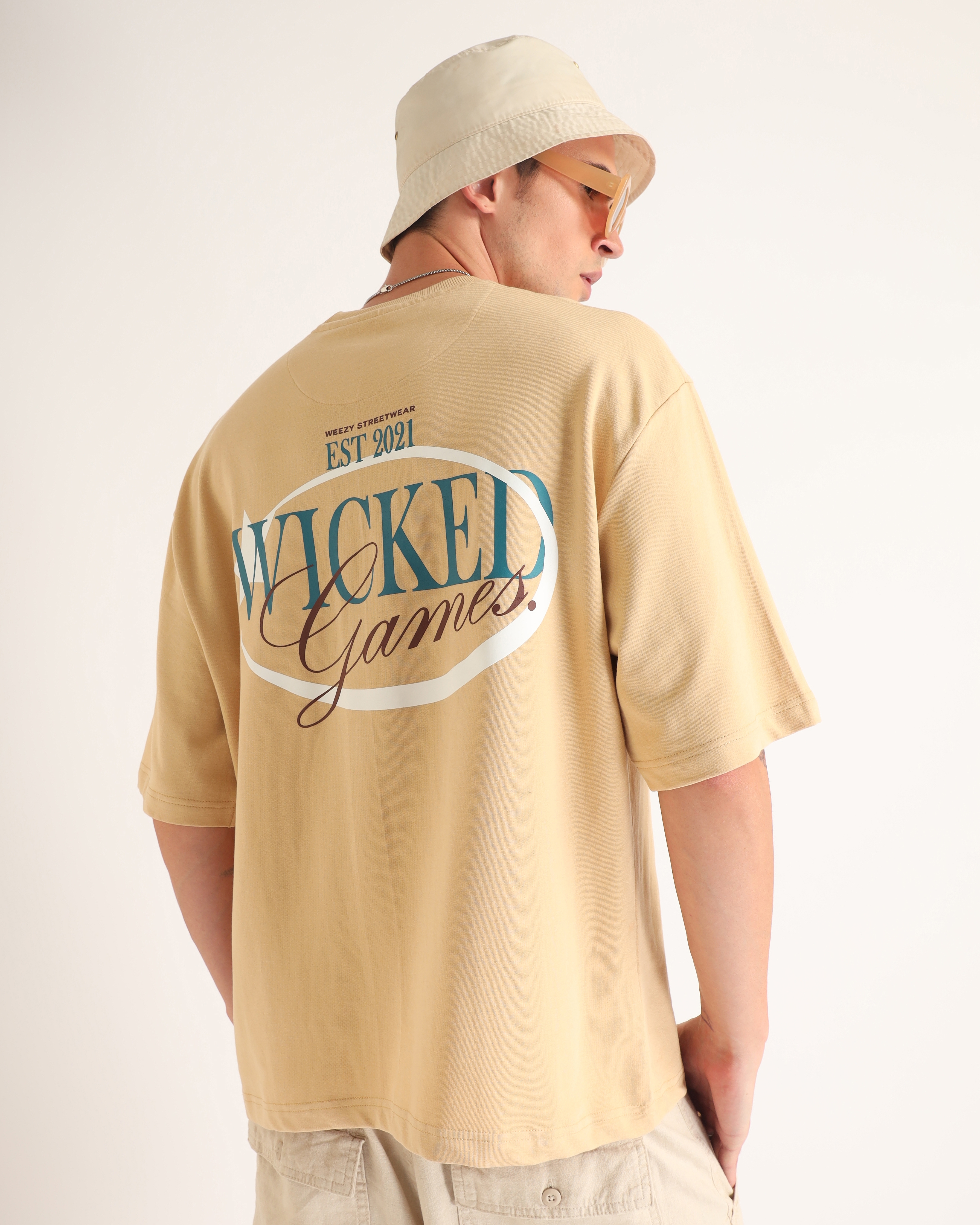 Weezy Streetwear | Men's Beige Typographic Printed Oversized T-Shirt