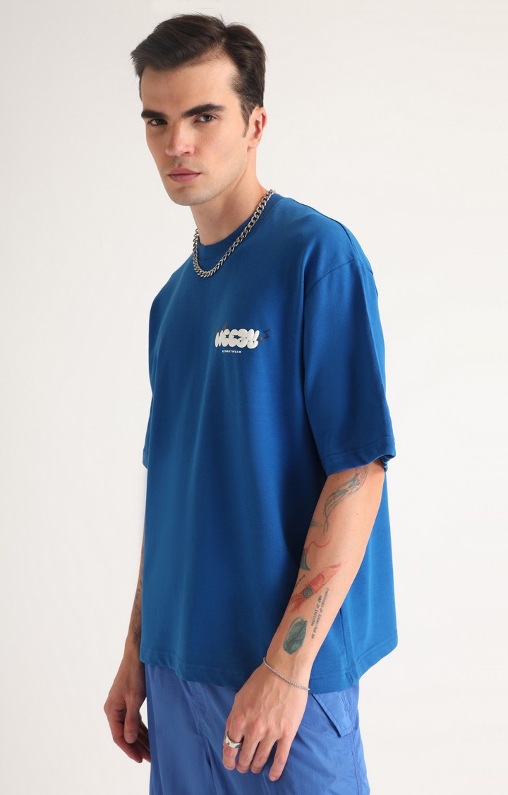 Men's Royal Blue Printed Oversized T-Shirt