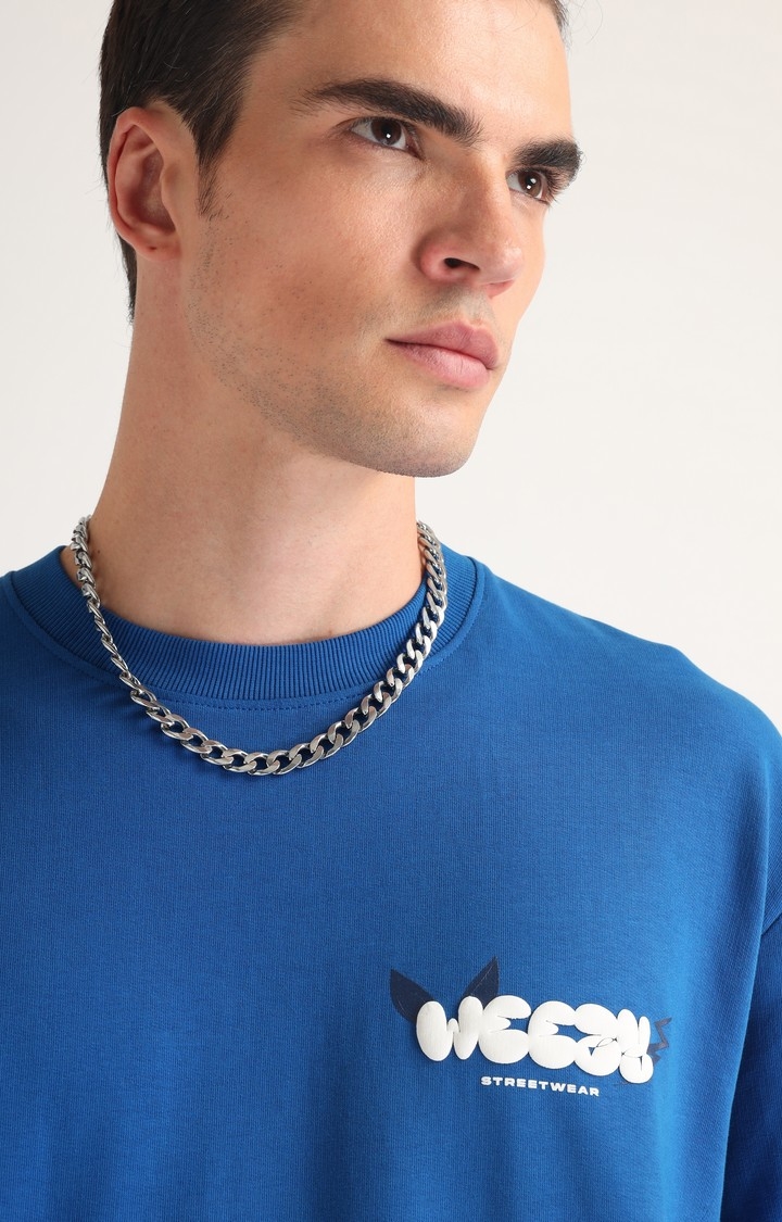 Men's Royal Blue Printed Oversized T-Shirt