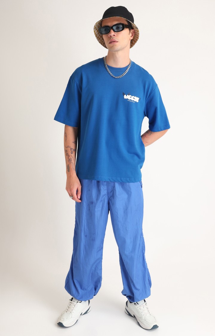 Men's Blue Printed Oversized T-Shirt
