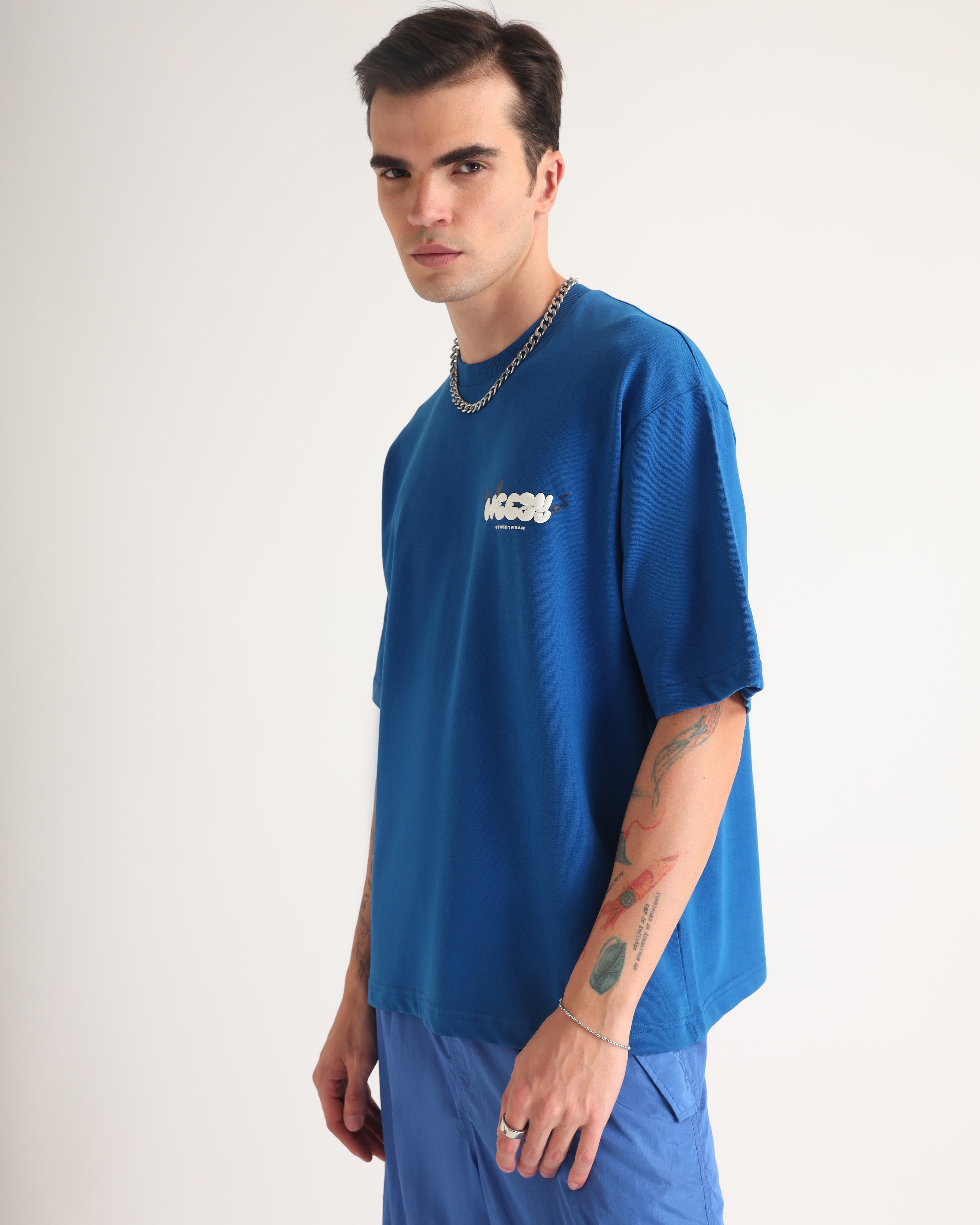 Weezy Streetwear | Men's Royal Blue Printed Oversized T-Shirt