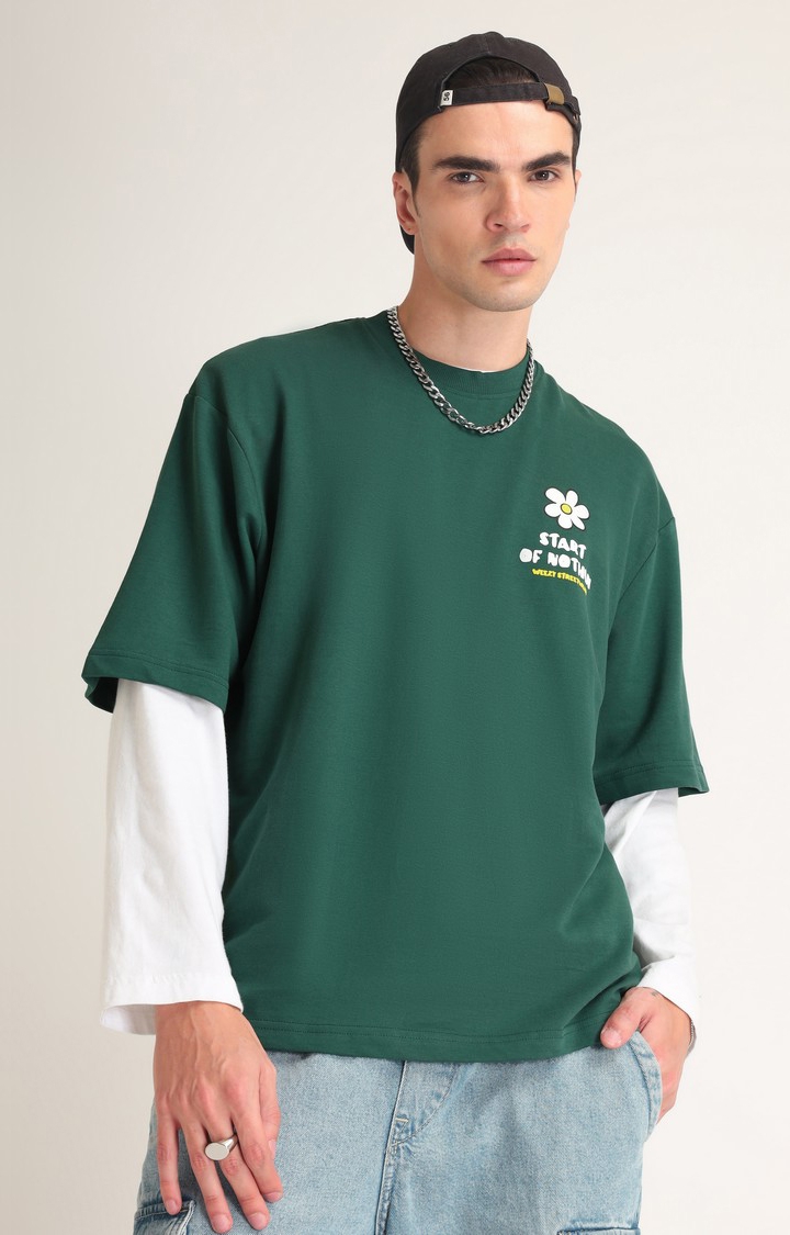 Men's Emerald Green Typographic Printed Oversized T-Shirt