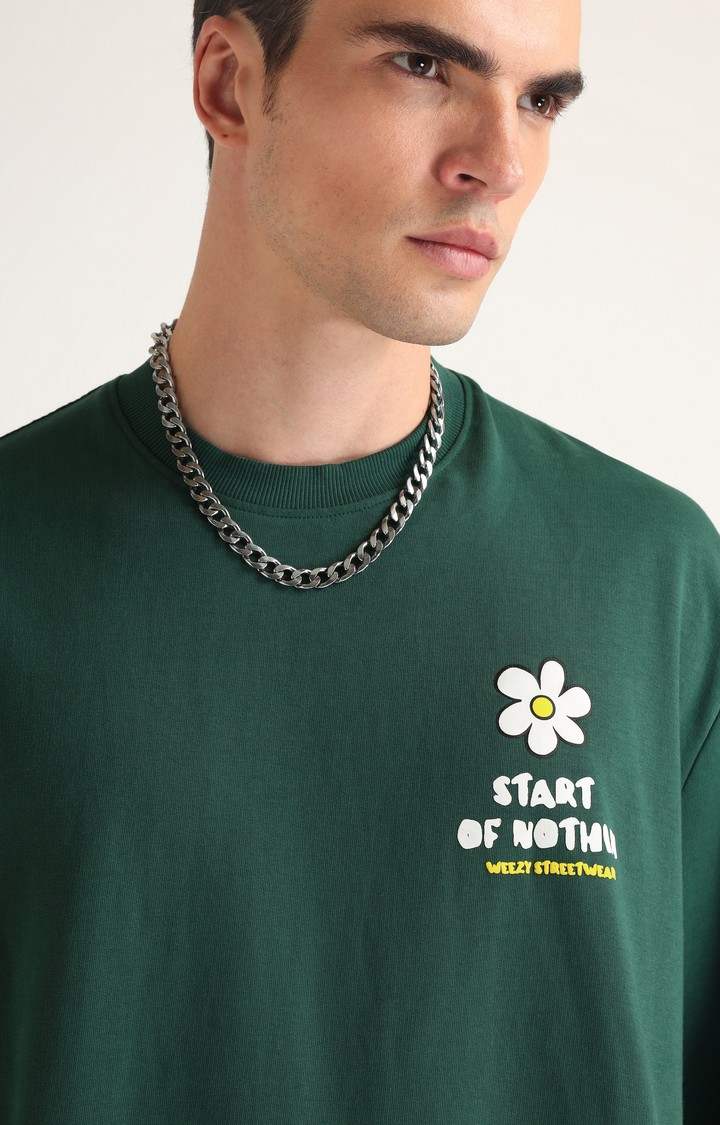 Men's Emerald Green Typographic Printed Oversized T-Shirt