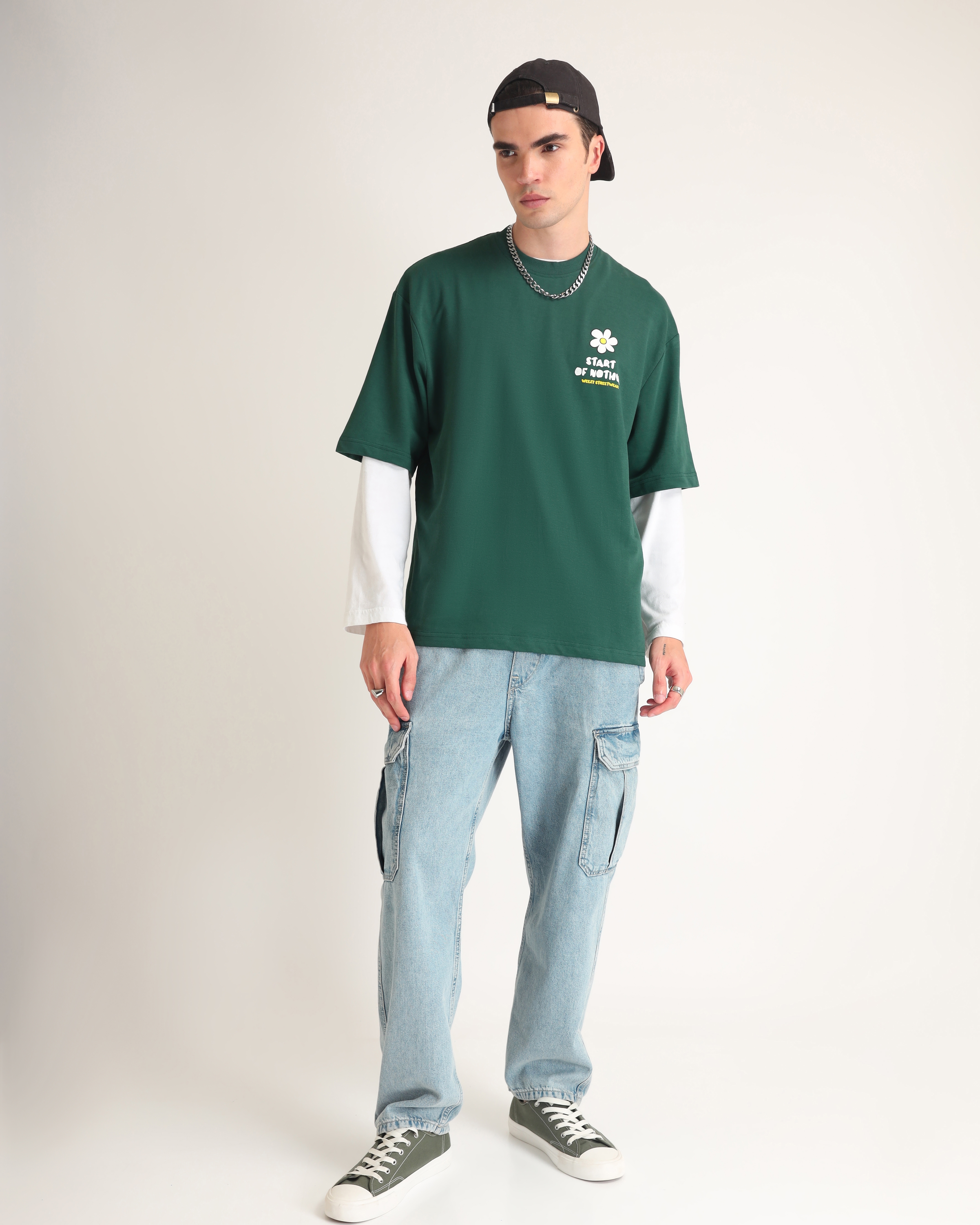 Weezy Streetwear | Men's Emerald Green Typographic Printed Oversized T-Shirt