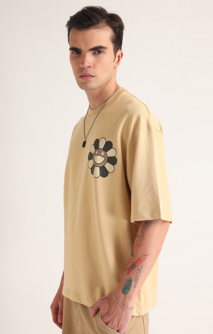 Men's Beige Printed Oversized T-Shirt